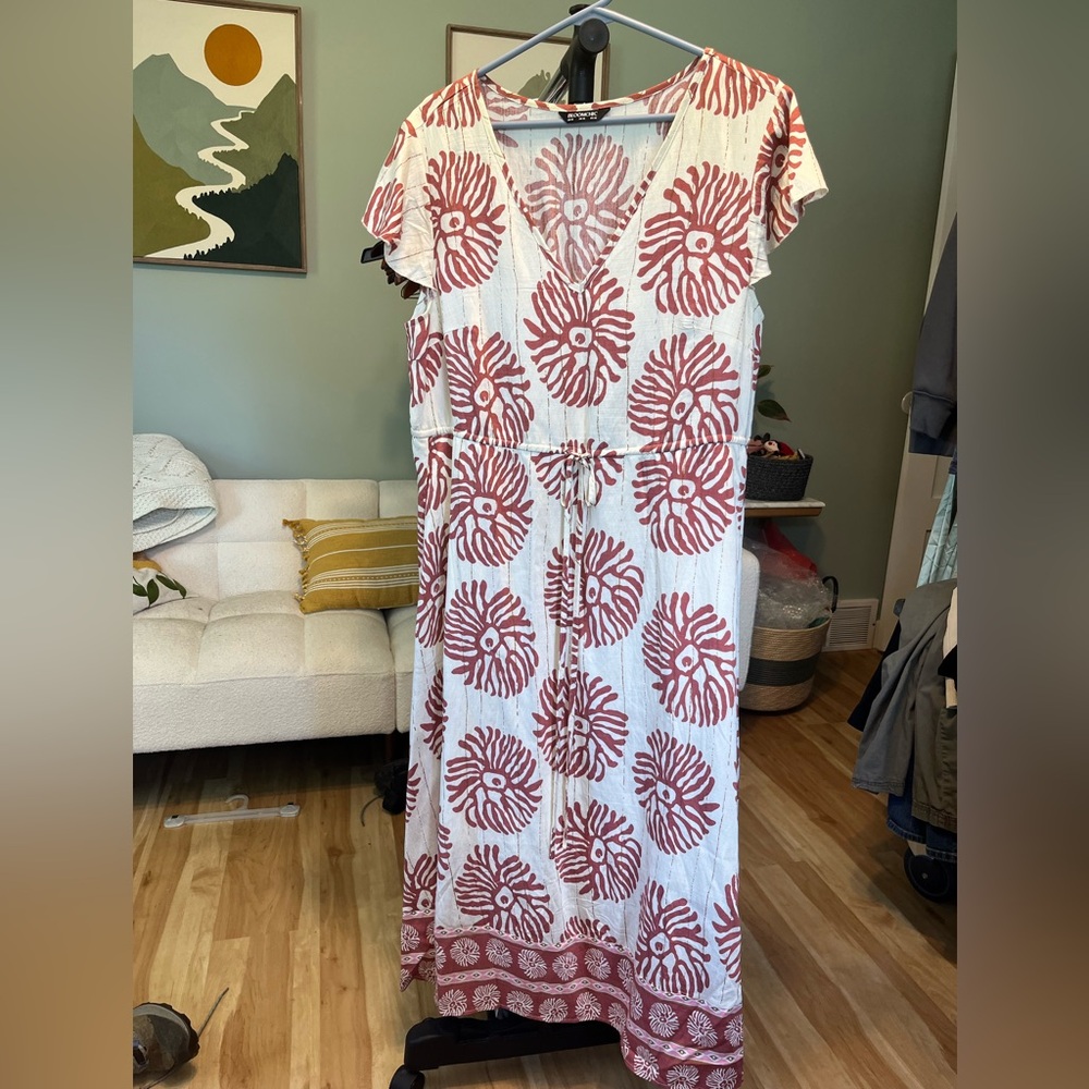 BloomChic White Maxi Dress with Rust Floral Medallions